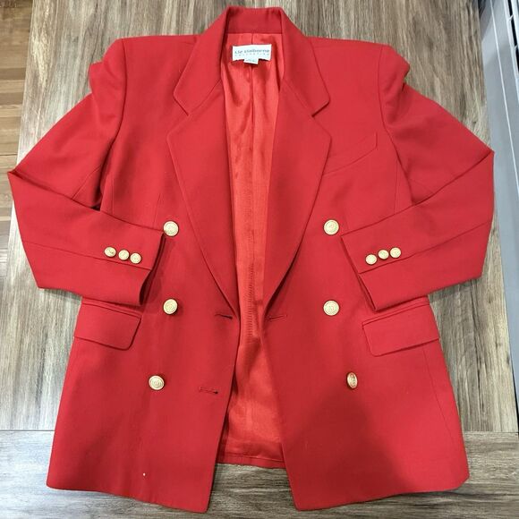 Liz Claiborne Jackets & Blazers - Liz Claiborne 100% Red Wool Double Breasted Blazer Vtg Gold Buttons Women Size 4